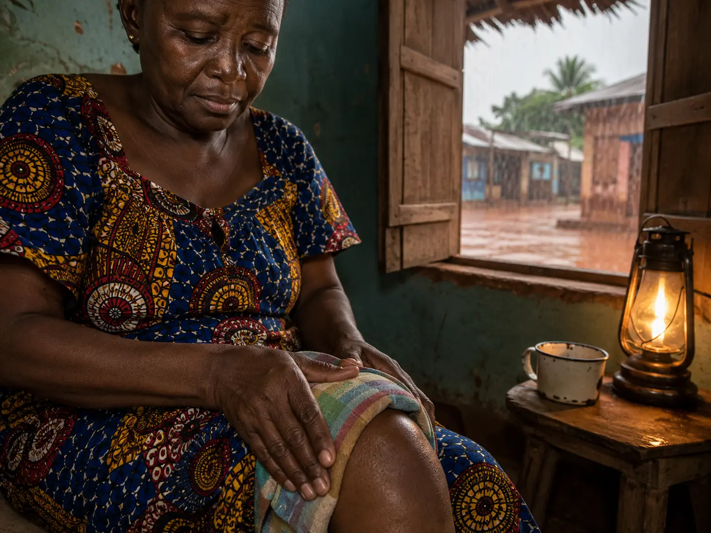 Femme au Bénin appliquant une compresse chaude sur son genou un jour de pluie