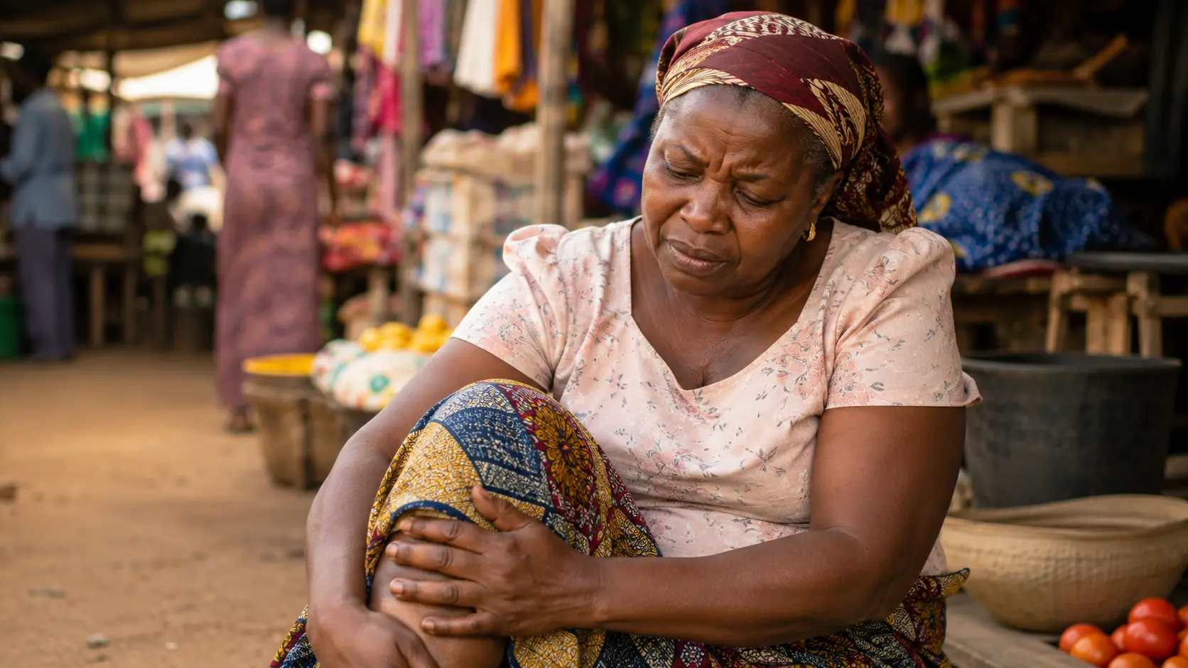 Femme au marché au Bénin tenant son genou douloureux