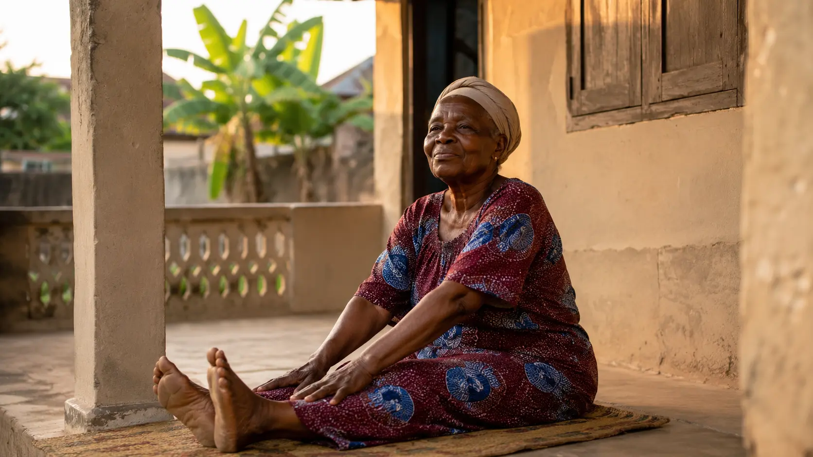 Femme âgée faisant des étirements doux sur sa terrasse au lever du soleil