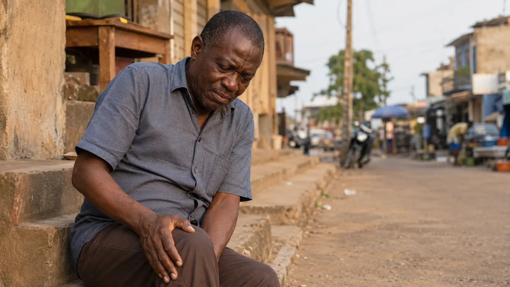 Homme assis sur des marches au Bénin, main sur son genou douloureux