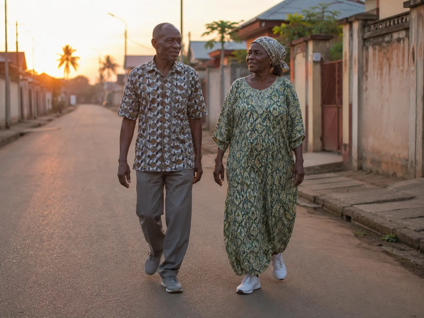 Couple de seniors marchant tranquillement dans une rue au lever du soleil