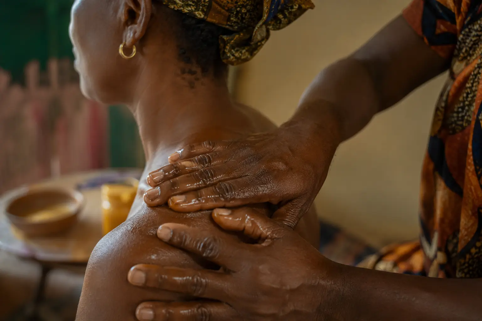 Massage de l'épaule avec de l'huile dans un intérieur au Bénin